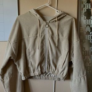 corduroy zip up drawstring hooded jacket